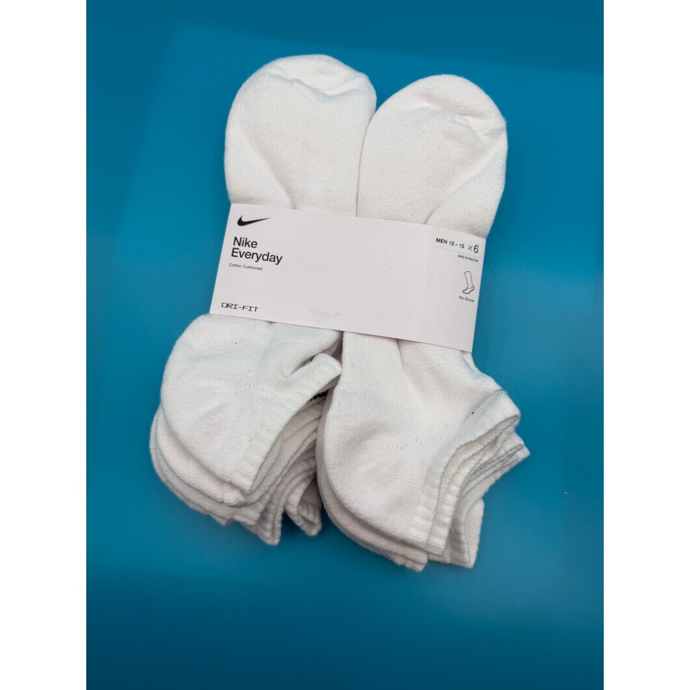 Nike No Show Socks Mens 12-15 White NEW 6 Pair Pack Everyday Dri-FIT SX7675-100